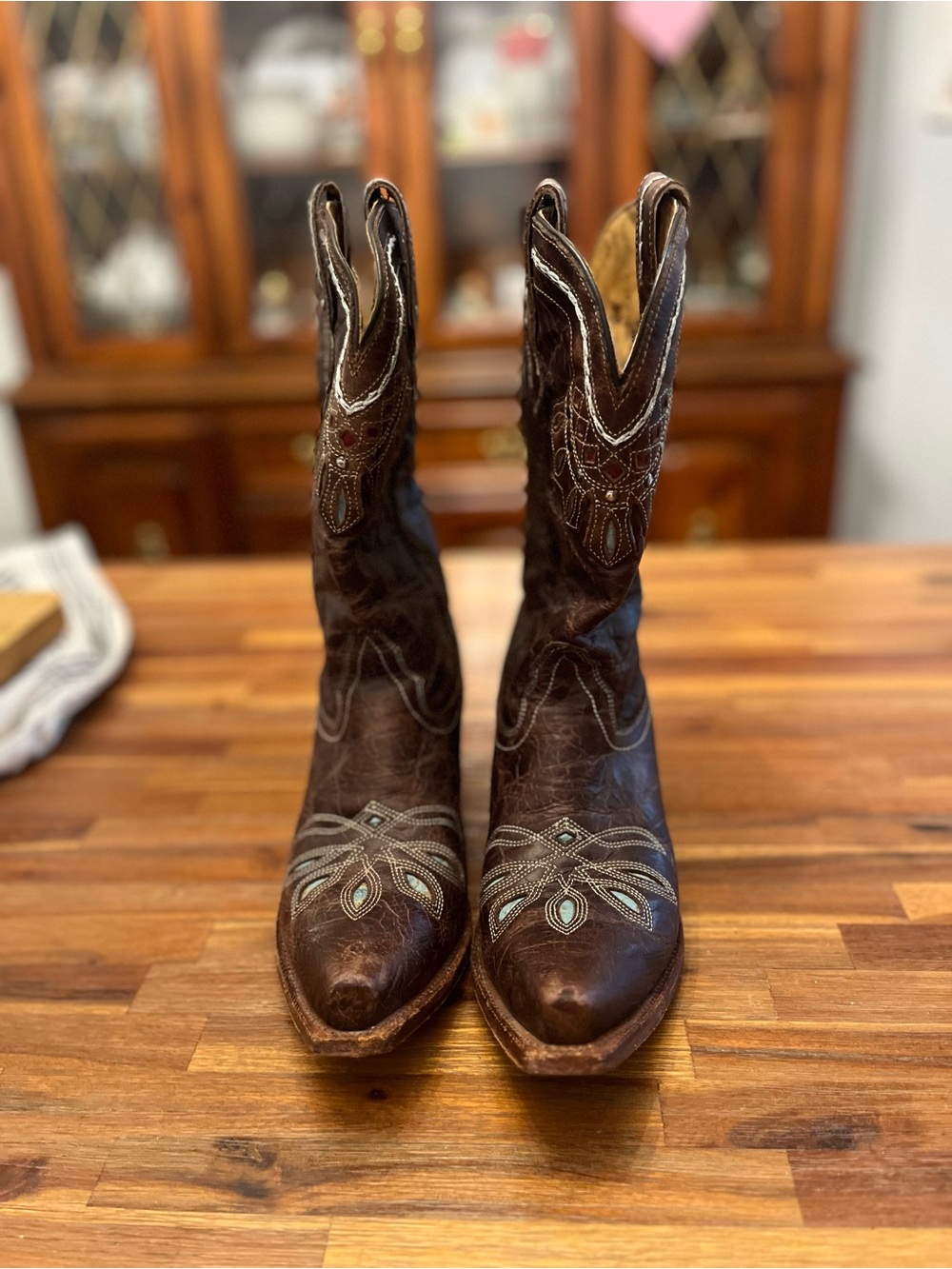 Tony Lama Dark Brown Leather Western Heeled Boot with Turquoise and Red Accents - Picture 3 of 6